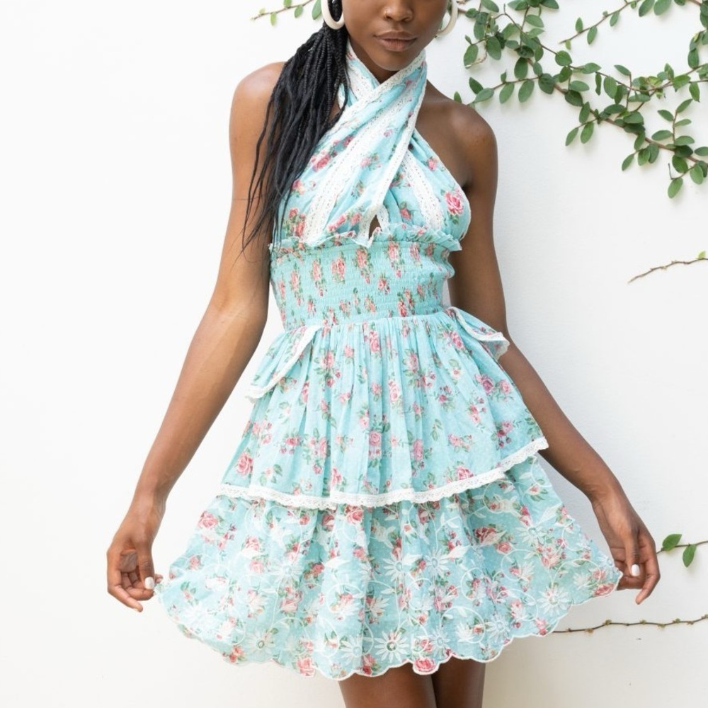 NWT Gipsy Queen Baroc Paris Floral Ruffle Tiered Halter Mini Dress Turquoise M